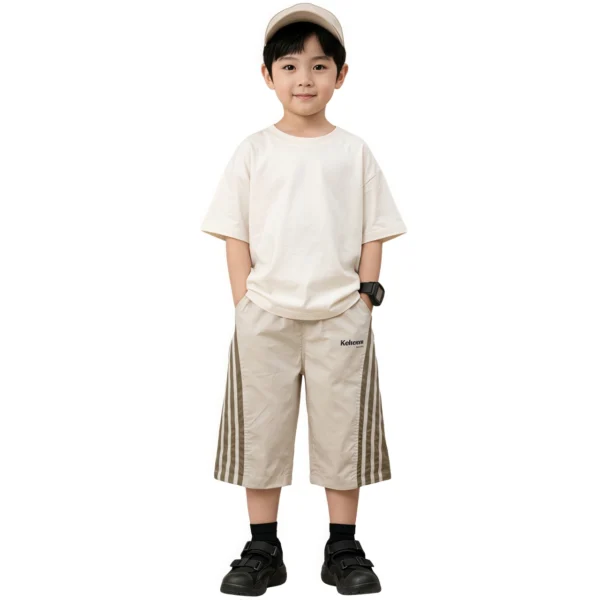 Sundaykids Boys Quick Dry 3/4 Shorts Side Stripe Breathable Loose Fit Elastic Waist Casual Sports Pants