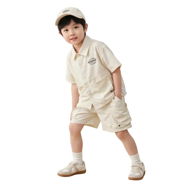 Beige副图一 Sundaykids Boys Sunscreen Terno Set Quick Dry Short Sleeve Shirt+Cargo Shorts Vacation Outdoor Clothes for 3-8Y
