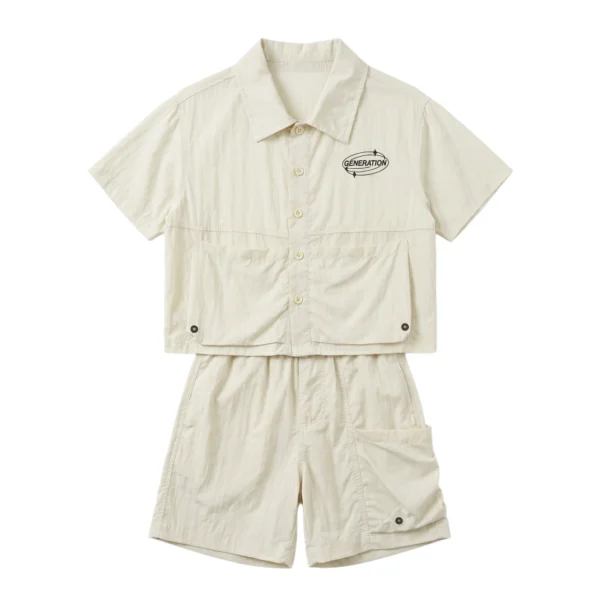 Beige副图三 Sundaykids Boys Sunscreen Terno Set Quick Dry Short Sleeve Shirt+Cargo Shorts Vacation Outdoor Clothes for 3-8Y