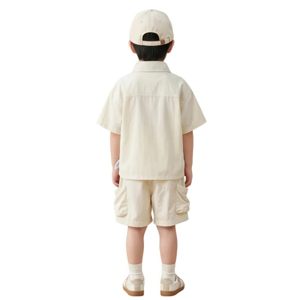 Beige副图二 Sundaykids Boys Sunscreen Terno Set Quick Dry Short Sleeve Shirt+Cargo Shorts Vacation Outdoor Clothes for 3-8Y
