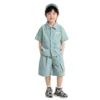 Cyan Blue副图一 Sundaykids Boys Sunscreen Terno Set Quick Dry Short Sleeve Shirt+Cargo Shorts Vacation Outdoor Clothes for 3-8Y