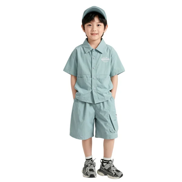 Cyan Blue副图一 Sundaykids Boys Sunscreen Terno Set Quick Dry Short Sleeve Shirt+Cargo Shorts Vacation Outdoor Clothes for 3-8Y