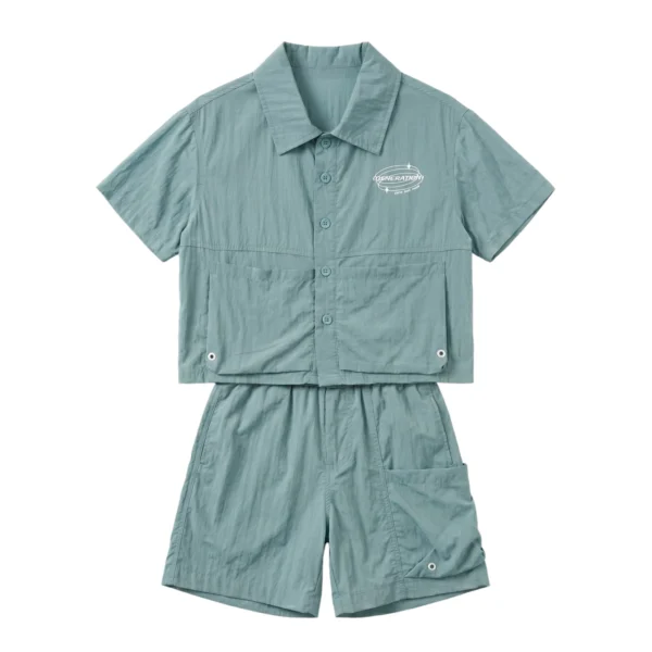 Cyan Blue副图三 Sundaykids Boys Sunscreen Terno Set Quick Dry Short Sleeve Shirt+Cargo Shorts Vacation Outdoor Clothes for 3-8Y
