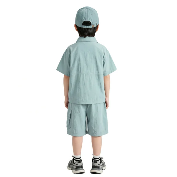 Cyan Blue副图二 Sundaykids Boys Sunscreen Terno Set Quick Dry Short Sleeve Shirt+Cargo Shorts Vacation Outdoor Clothes for 3-8Y