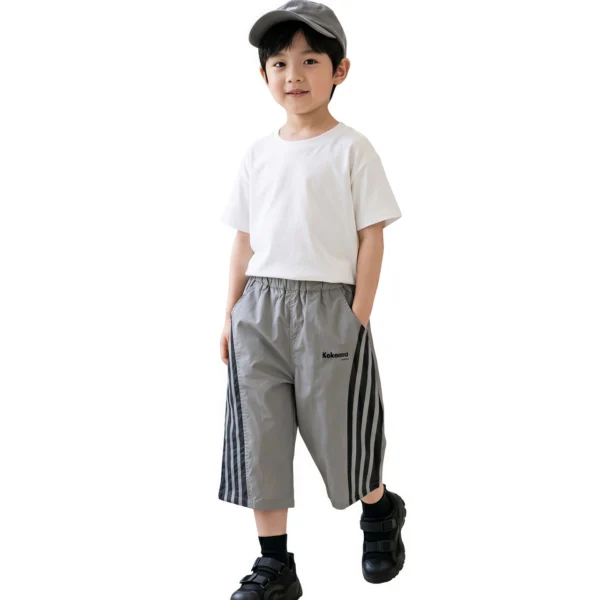 Sundaykids Boys Quick Dry 3/4 Shorts Side Stripe Breathable Loose Fit Elastic Waist Casual Sports Pants