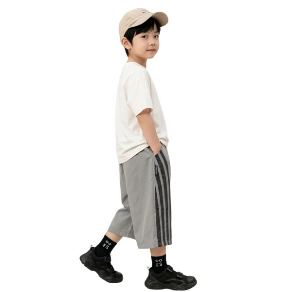 Sundaykids Boys Quick Dry 3/4 Shorts Side Stripe Breathable Loose Fit Elastic Waist Casual Sports Pants