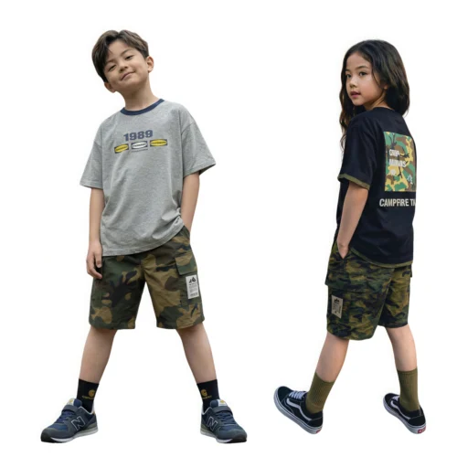 OKP016 SundayKids casual camouflage cargo shorts, retro print fashion shorts, durable pure cotton washable capri pants.