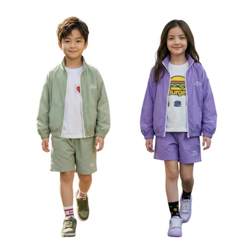 SundayKids Outdoor Mountain Style Hooded Solid Color Set, featuring a sweat-wicking, quick-drying, waterproof top, suitable for siblings or parent-child outfits.