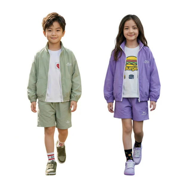 SundayKids Outdoor Mountain Style Hooded Solid Color Set, featuring a sweat-wicking, quick-drying, waterproof top, suitable for siblings or parent-child outfits.