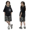SundayKids casual black T-shirt with large pockets, cool and sweat-wicking color-blocked design, perfect for siblings to wear together.