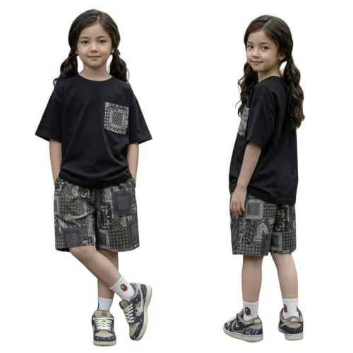 OKT004-Black SundayKids casual black T-shirt with large pockets, cool and sweat-wicking color-blocked design, perfect for siblings to wear together.