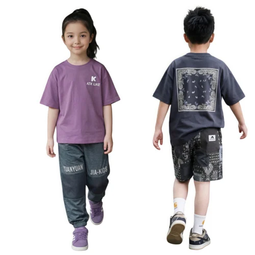 OKT005 SundayKids casual solid color retro cashew print T-shirt, solid color cool-feel sweat-wicking loose top, suitable for siblings, parent-child outfits.