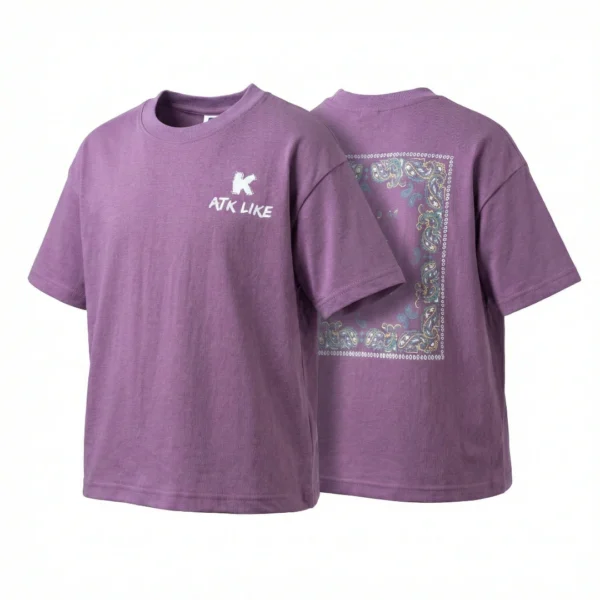 OKT005-Purple SundayKids casual solid color retro cashew print T-shirt, solid color cool-feel sweat-wicking loose top, suitable for siblings, parent-child outfits.