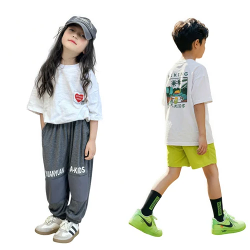 OKT006-White SundayKids casual solid color embroidered print T-shirt, cool and sweat-wicking loose top, suitable for siblings, parent-child outfits.