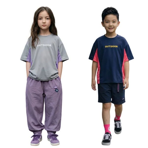 OKT007 SundayKids quick-drying, breathable mesh outdoor T-shirt, color-blocked, cool-feeling, sweat-wicking, and stretchy top, suitable for siblings, parent-child outfits.