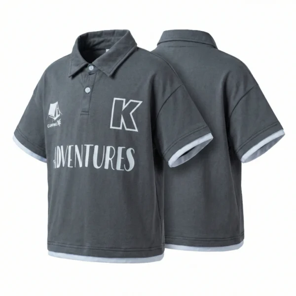 OKT01-Grey SundayKids outdoor stand-up collar solid color printed T-shirt with contrasting color sweat-wicking mesh eye sleeves, suitable for siblings, parent-child outfits.