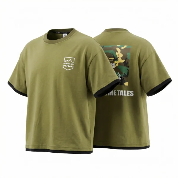 OKT010-Green SundayKids outdoor layered solid color printed T-shirt, color-blocked, sweat-wicking, stretchy top, suitable for siblings, parent-child outfits.