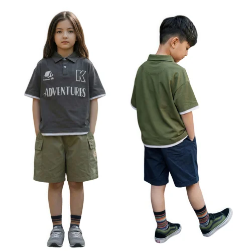 SundayKids outdoor stand-up collar solid color printed T-shirt with contrasting color sweat-wicking mesh eye sleeves, suitable for siblings, parent-child outfits.