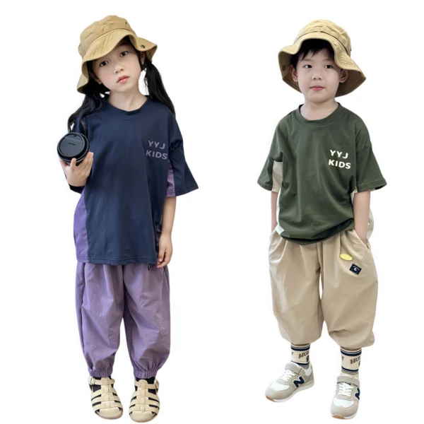 SundayKids outdoor crew neck T-shirt, color-blocked, sweat-wicking, quick-drying top, suitable for siblings, parent-child outfits.