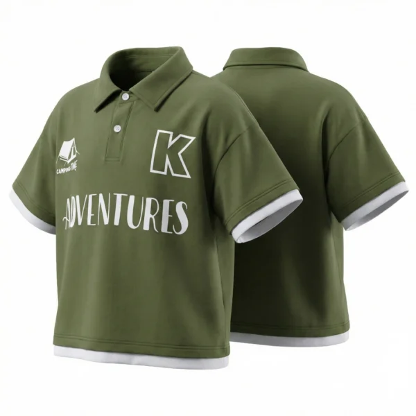 OKT012-Green SundayKids outdoor stand-up collar solid color printed T-shirt with contrasting color sweat-wicking mesh eye sleeves, suitable for siblings, parent-child outfits.