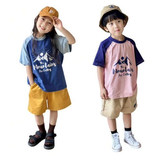 OKT013 SundayKids outdoor crew neck T-shirt, color-blocked, sweat-wicking, quick-drying top, suitable for siblings, parent-child outfits.