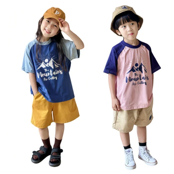 SundayKids outdoor crew neck T-shirt, color-blocked, sweat-wicking, quick-drying top, suitable for siblings, parent-child outfits.