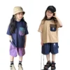 SundayKids outdoor crew neck T-shirt, color-blocked pocket design, sweat-wicking and quick-drying, suitable for siblings, parent-child outfits.