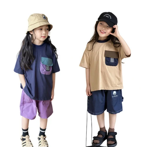 OKT019 SundayKids outdoor crew neck T-shirt, color-blocked pocket design, sweat-wicking and quick-drying, suitable for siblings, parent-child outfits.