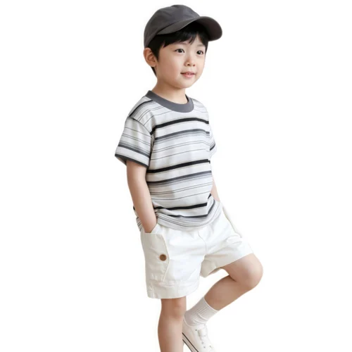 主图 (1) Sundaykids Boys set 2025 new style boy Korean style casual striped top workwear shorts terno