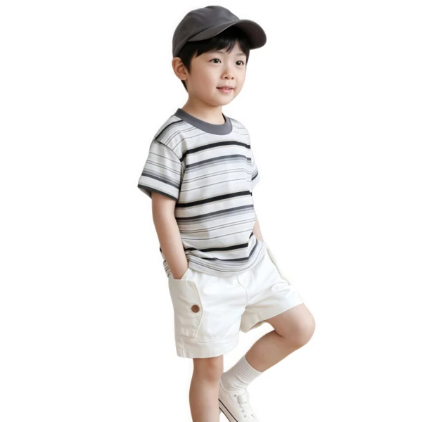 主图 (1) Sundaykids Boys set 2025 new style boy Korean style casual striped top workwear shorts terno