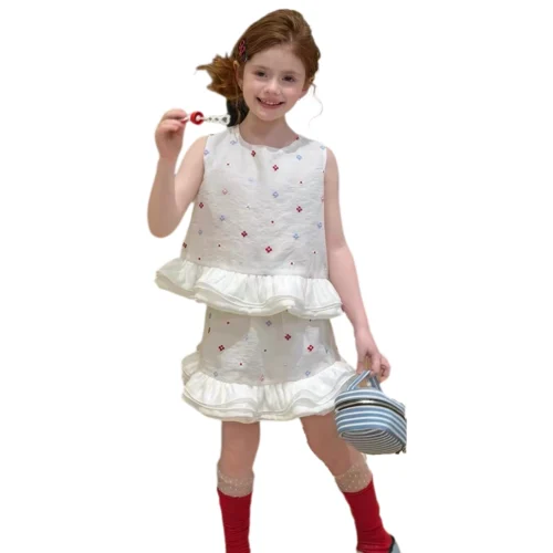 SundayKids Girls Sleeveless Top + Skirt Set with Colorful Floral Embroidery & Ruffle Hem