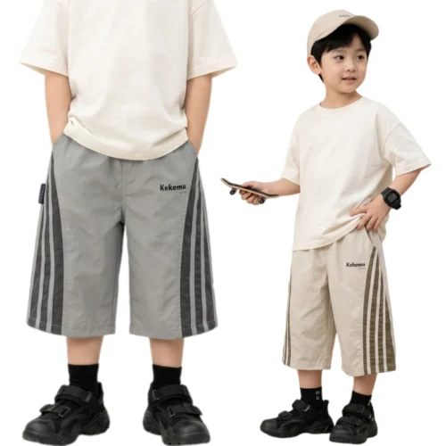 Sundaykids Boys Quick Dry 3/4 Shorts Side Stripe Breathable Loose Fit Elastic Waist Casual Sports Pants