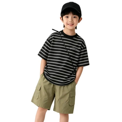 主图 Sundaykids Children's clothing suit boy T-shirt striped top casual overalls two-piece suit