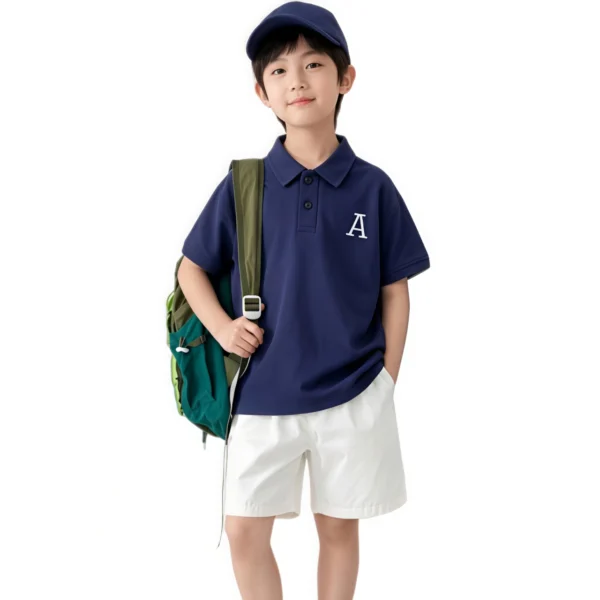 Sundaykids Boys School Uniform Terno Set Navy Blue Letter Polo Shirt + White Shorts