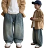 Sundaykids Boys' Washed Vintage Blue Denim Oversized Wide-Leg Pants for 1-5Y