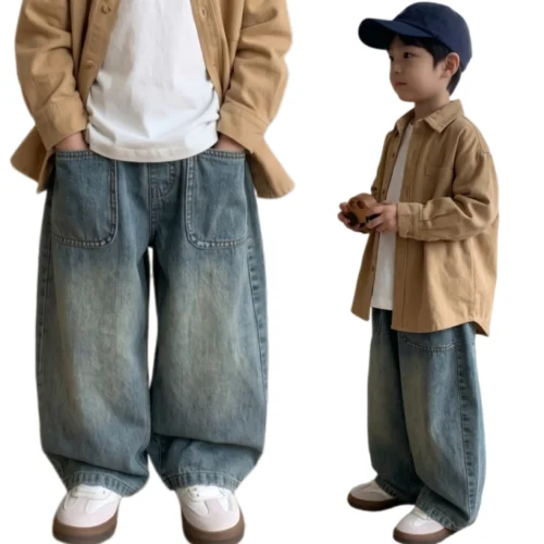 Sundaykids Boys' Washed Vintage Blue Denim Oversized Wide-Leg Pants for 1-5Y