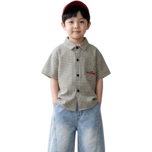 Sundaykids Toddler Boys' Classic Gingham Shirt - Short - Sleeve with Pocket Embroidery