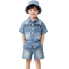 Sundaykids Boys Trendy Denim Terno Set Big Letter Print Gradient Wash Vacation Outfit for Kids