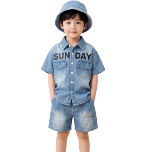 主图 Sundaykids Boys Trendy Denim Terno Set Big Letter Print Gradient Wash Vacation Outfit for Kids