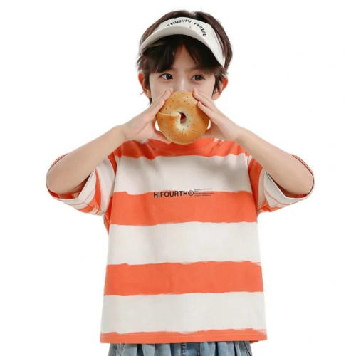 Sundaykids Boys Wide Stripe T-shirt Orange White Cotton Breathable Oversized Loose Fit Short Sleeve Top