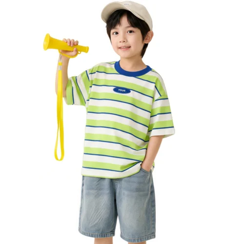 Sundaykids Boys Korean Style Contrast Collar Striped T-shirt Breathable Drop Shoulder Loose Fit
