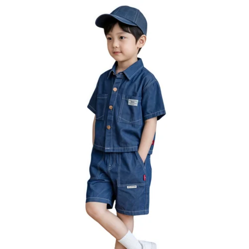 主图 Sundaykids Boys Soft Denim Cargo Terno Set Dark Blue Short Sleeve Shirt & Shorts Multi Pockets