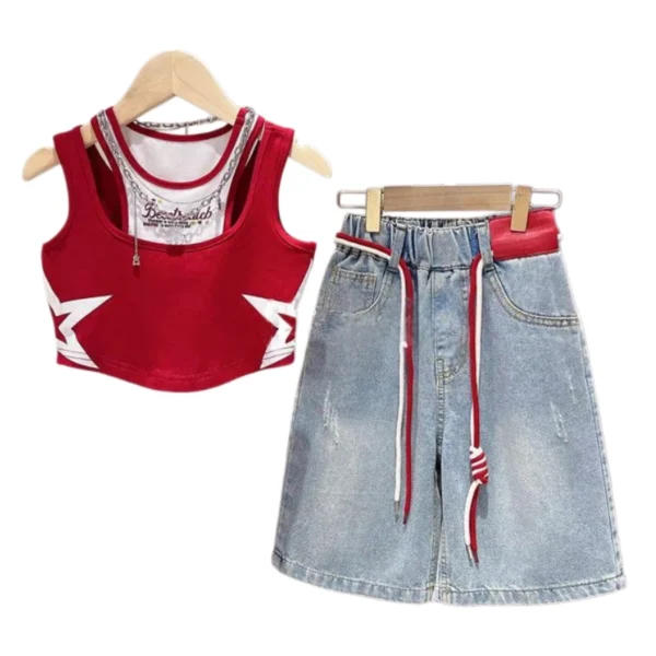 SundayKids Girls Terno Tank Top + Denim Shorts Set Streetwear Outfit