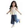 SundayKids Girls Embroidery Sleeveless Top  Wide Leg Denim Pants Set