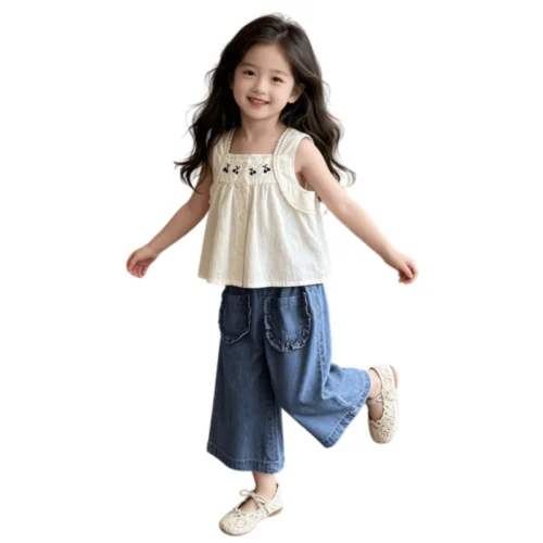SundayKids Girls Embroidery Sleeveless Top  Wide Leg Denim Pants Set