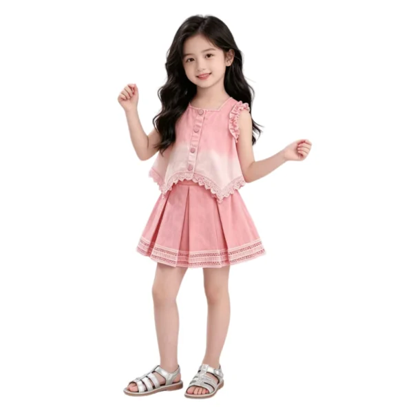 主图 SundayKids Girls' Pink Ombre Lace Trim Sleeveless Top & Pleated Skirt Two-Piece Set