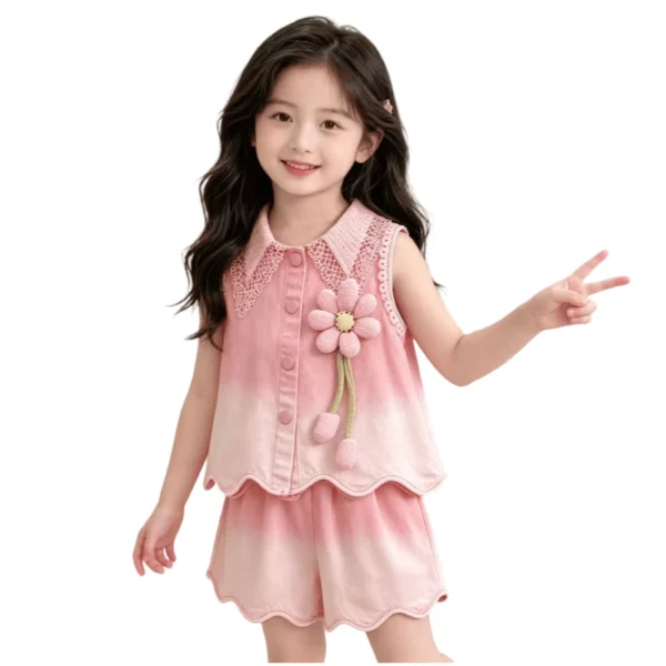 SundayKids Girls' Pink Ombre Lace Collar Vest & Shorts Two-Piece Set with 3D Flower