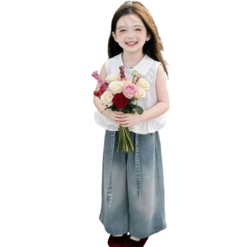 SundayKids Girls Terno Ruffle Sleeveless Top Sparkle Denim Wide Leg Pants Set