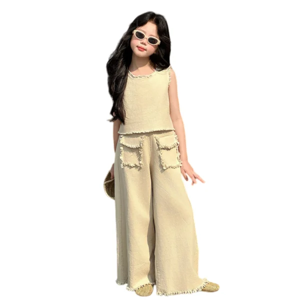 SundayKids 4-12Y Girls Terno Solid Color Cotton Linen Clothes Outfit