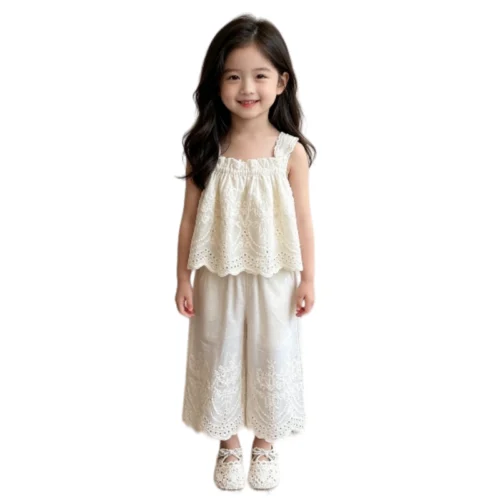 SundayKids Girls Casual Outfit Lace Embroidery Sleeveless Top Wide Leg Pants Set